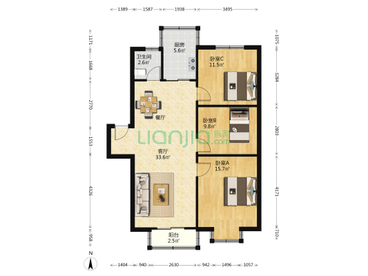 彩虹苑 3室1厅1卫 97平方