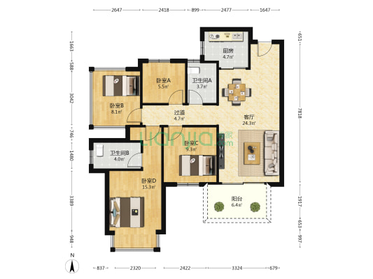 邕府朱槿园 4室1厅2卫 105平方