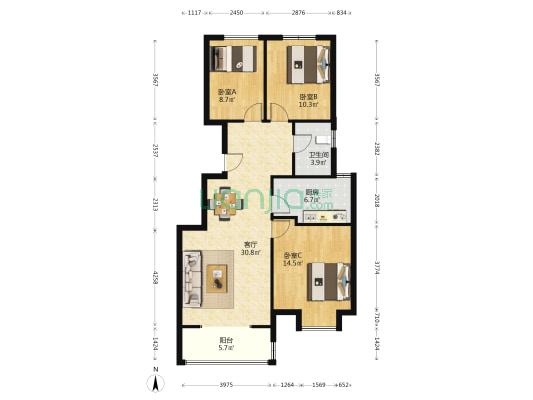 花海香庭御墅 3室1厅1卫 95平方