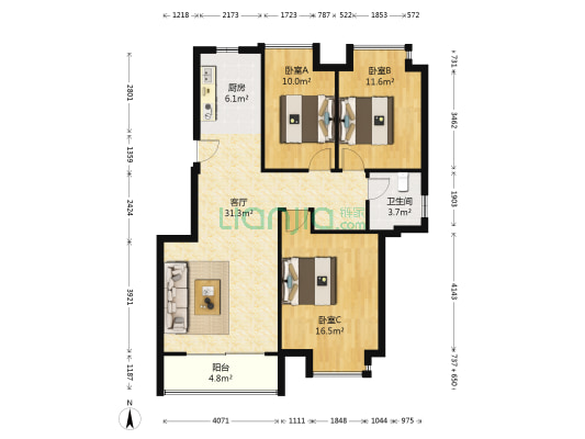 天润城第四街区 3室1厅1卫 99平方