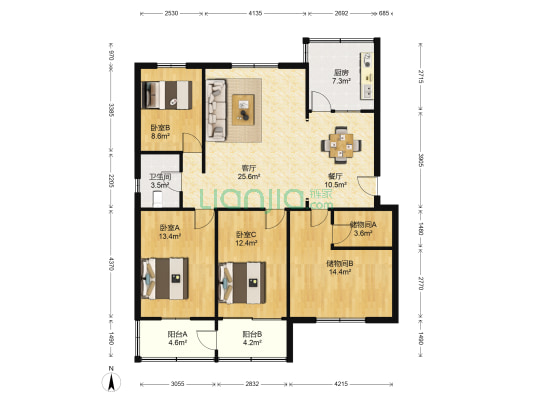 观音弄 3室2厅1卫 127平方