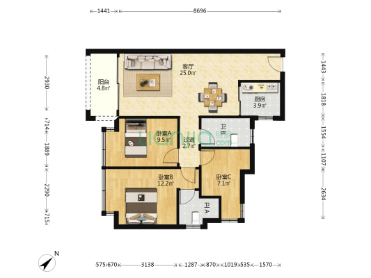 锦城公馆 3室1厅2卫 90平方