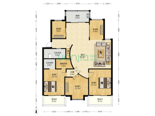 福荫公寓 5室1厅2卫 135平方