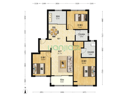 佳运名邸 3室1厅2卫 106平方