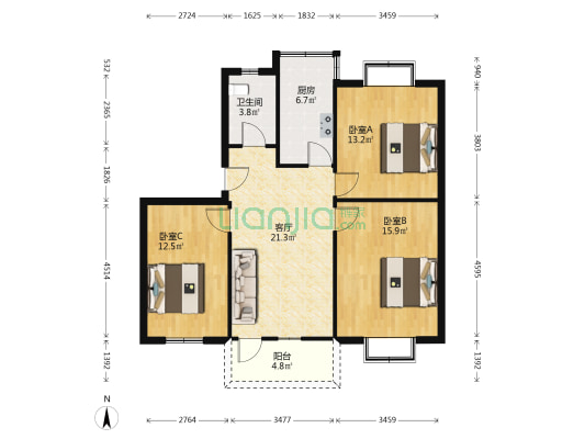 建行家属院 3室1厅1卫 91平方