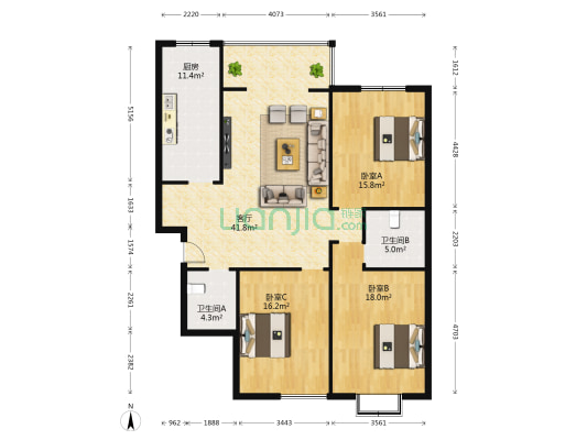 亚太城市月光 3室1厅2卫 157平方