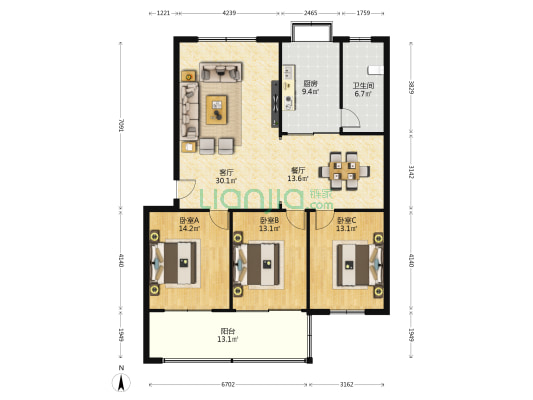 新华医疗 3室2厅1卫 132平方