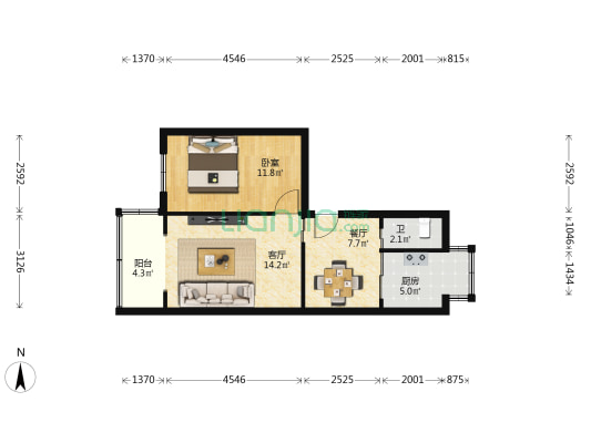 市局家属院（道升巷） 1室2厅1卫 46平方