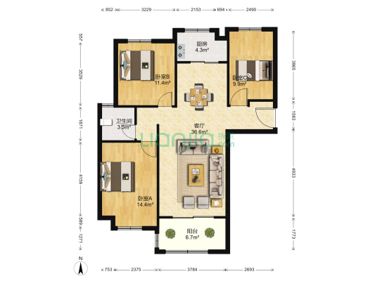 亲湖苑B区 3室1厅1卫 105平方