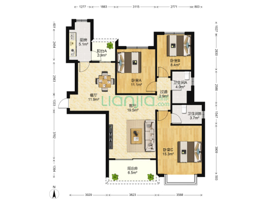 恒大名都 3室2厅2卫 123平方