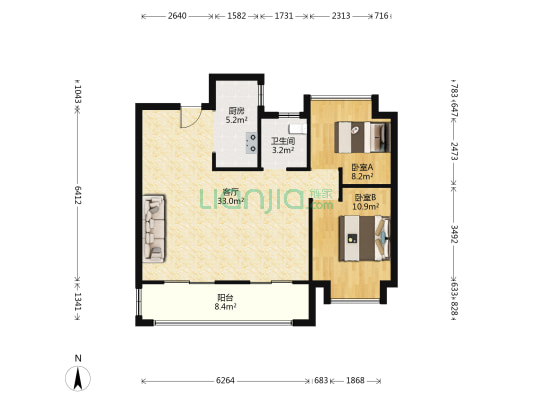 东城金茂悦 2室1厅1卫 89平方