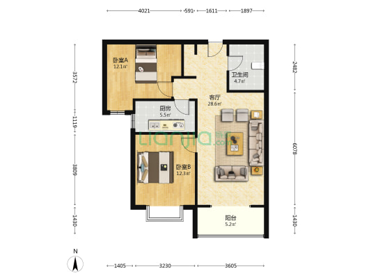金阳瑞景 2室1厅 南-户型图