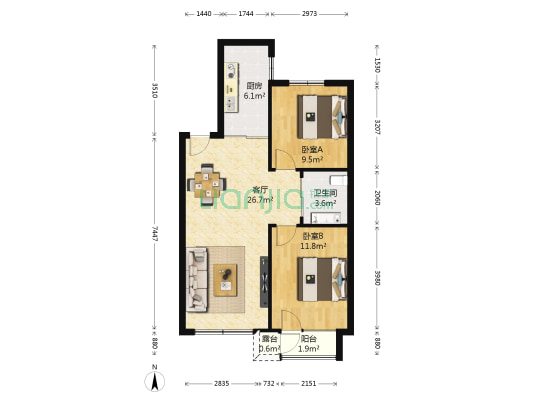 亿海阳光二期 2室1厅1卫 84平方