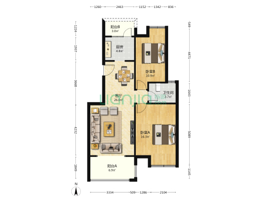 世宏锦舍 2室1厅1卫 83平方