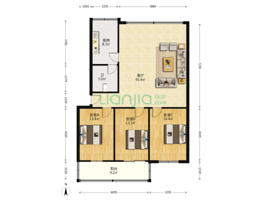 中南大厦 3室1厅1卫 125平方