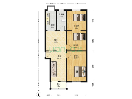伊河路14号院 3室2厅1卫 82平方