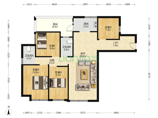 航港大院 4室1厅2卫 120平方