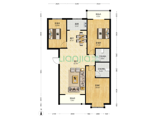 胜利花园 3室2厅2卫 155平方