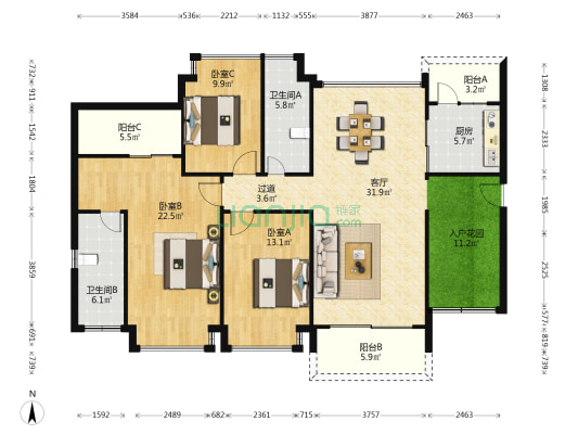 千江悦一期A区 3室1厅2卫 137平方