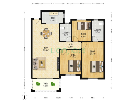 新建城A4 3室1厅2卫 128平方