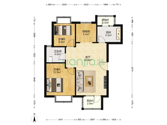 福波园 2室1厅1卫 88平方