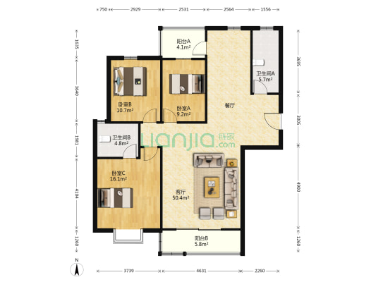 实力锦城B组团 3室1厅2卫 136平方