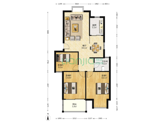 娱乐花园 3室1厅1卫 107平方
