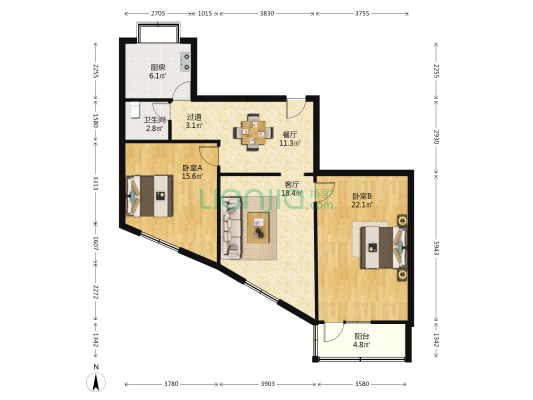 岗杜北街10号院 2室2厅1卫 101平方