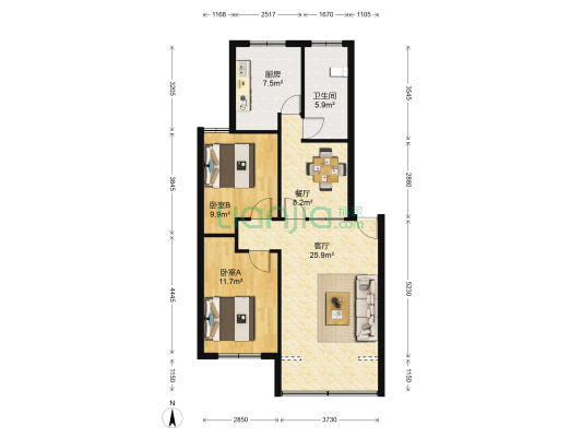 美航花园家属楼 2室2厅1卫 87平方