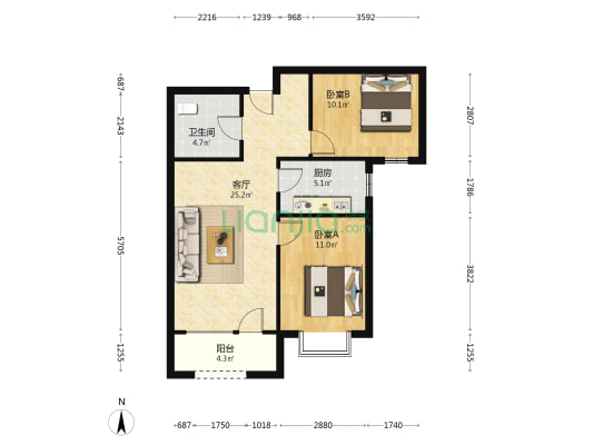 香邑溪谷上园 全阳两居 带车位 带地下室-户型图