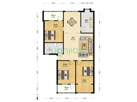 带湖路6号 3室1厅1卫 122平方