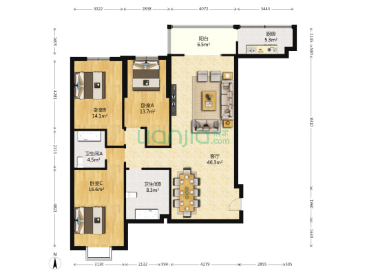 西藏佳苑 3室1厅2卫 151平方