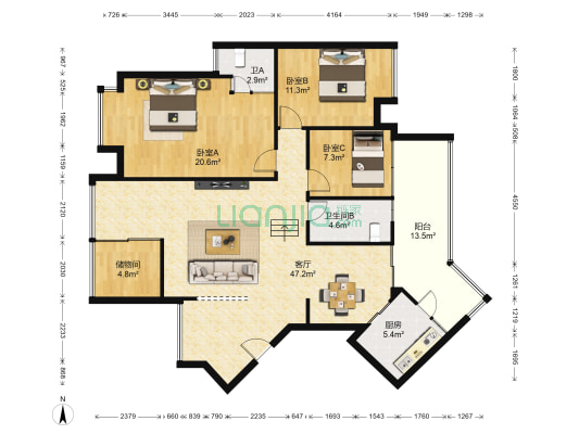 满园 3室1厅2卫 115平方