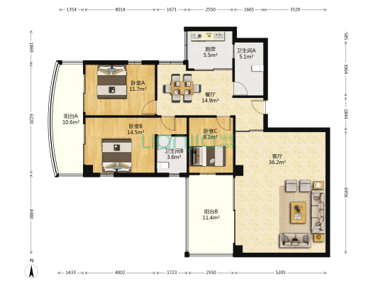商检宿舍 3室2厅2卫 144平方