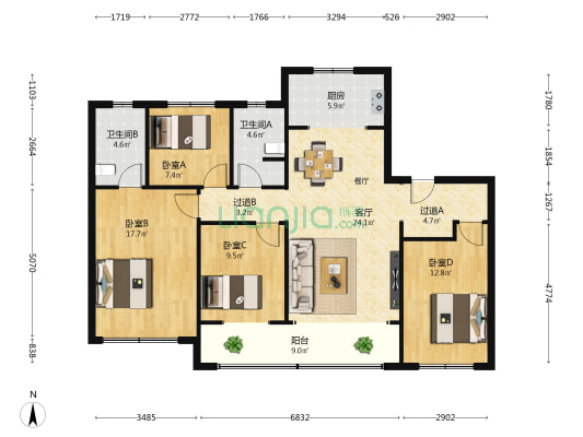 中建大学里 4室1厅2卫 143平方