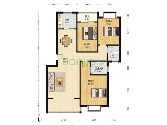 盛景豪庭 3室1厅2卫 115平方