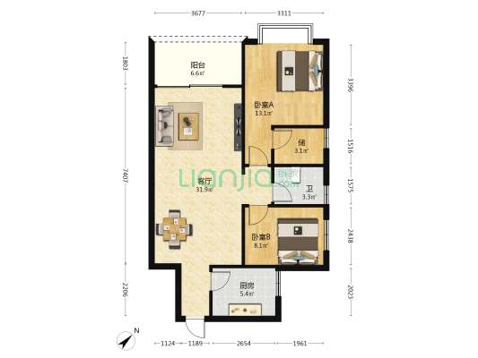 奇林生态花园小区 2室1厅1卫 90平方