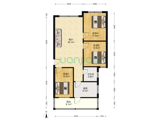 万年路72号 3室1厅1卫 91平方