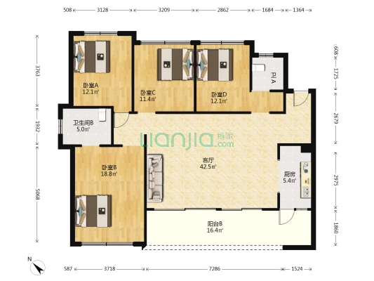 仟坤天朗 4室1厅2卫 133平方