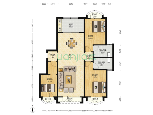 鲁信盤谷花园 3室1厅2卫 124平方