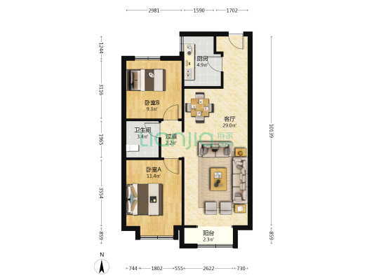 旭辉新城光明路8号 2室1厅1卫 87平方
