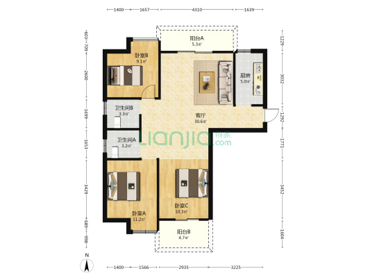 下洋佳园 3室1厅2卫 107平方