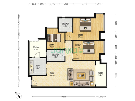 凯德双桥新作 3室1厅2卫 112平方