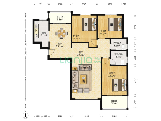 航都绿洲 3室2厅2卫 142平方