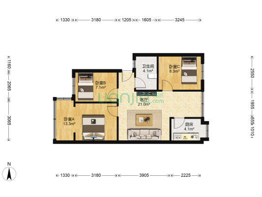 昆明牛街庄住宅小区三组团 3室1厅1卫 60平方