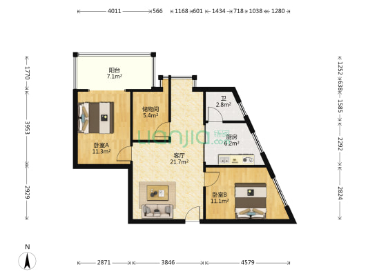 景泰雅苑 2室1厅1卫 91平方