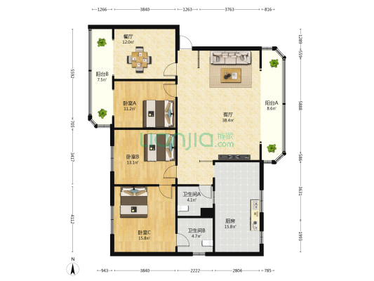 欧亚梦都 3室2厅2卫 154平方