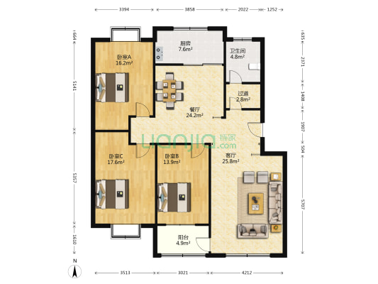 园林小区 3室2厅1卫 143平方