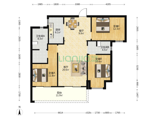 昆明融创文旅城归海花园南区 3室2厅2卫 122平方