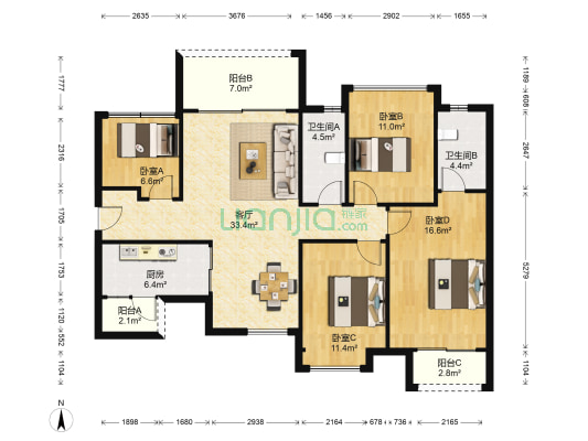 壹方天第 4室1厅2卫 127平方